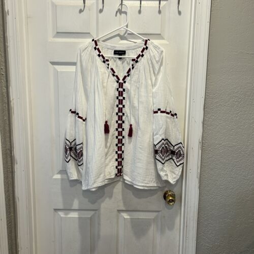 Lane Bryant Women’s Size 20 White Embroidered 100% Cotton Boho Peasant Top