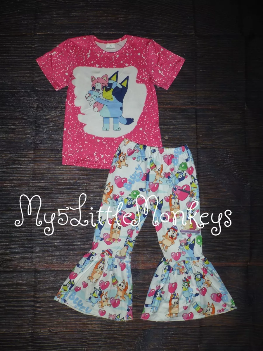 NEW Boutique Bluey Bleached Shirt Girls Bell Bottom Outfit Set