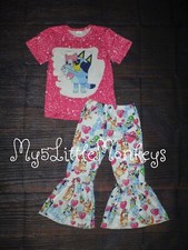 NEW Boutique Bluey Bleached Shirt Girls Bell Bottom Outfit Set Valentine's Day