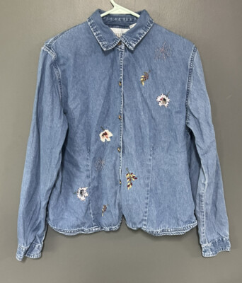 Casey & Max Women s Sz L Denim Button Up L/S Fall Leaves Vintage
