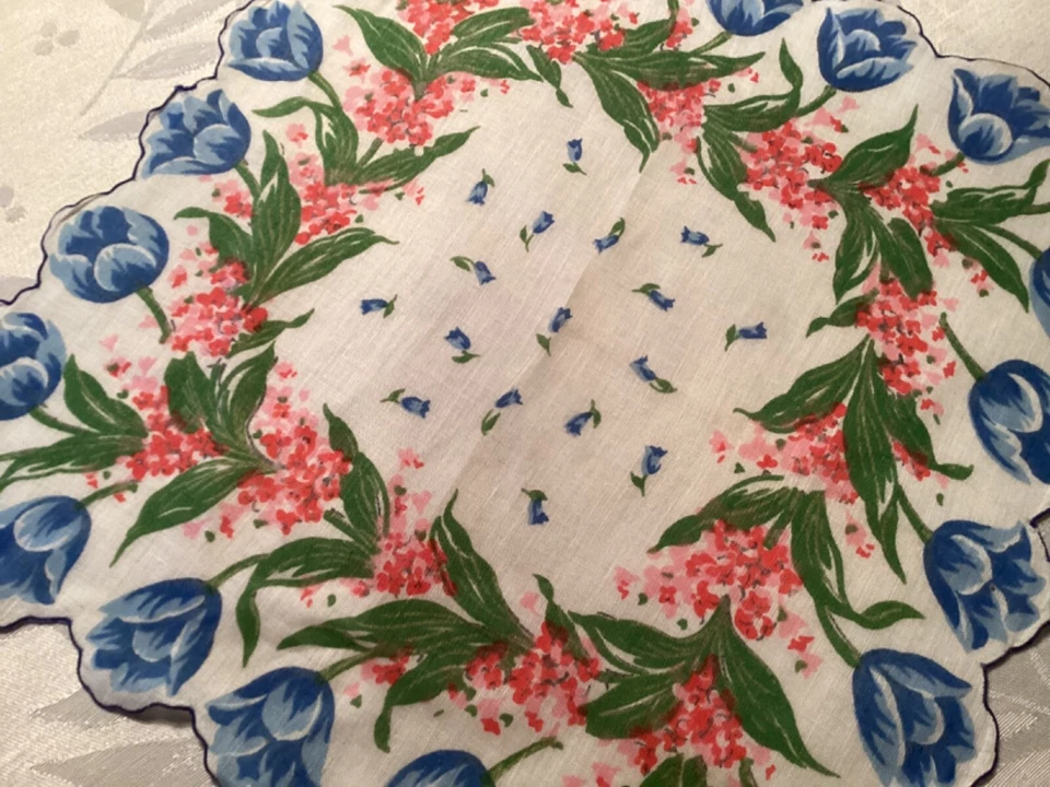 Pañuelo holandés azul festoneado vintage para damas rosa no me olvides Foto 4 de 4