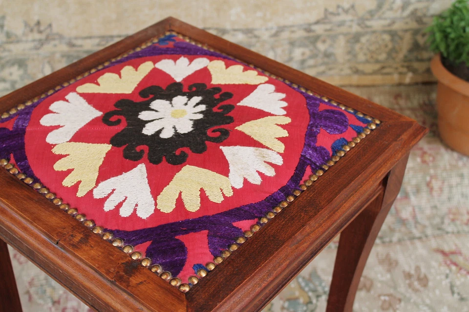 Vintage Wooden Stool Ottoman Boho Embroidered Seat Accent Side Table - Image 4 of 4