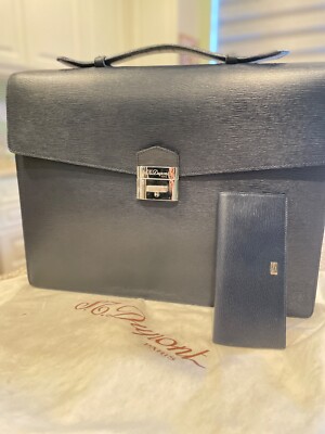 RARE S.T.Dupont Briefcase business bag Blue Genuine Leather + Bi-fold Pen Case
