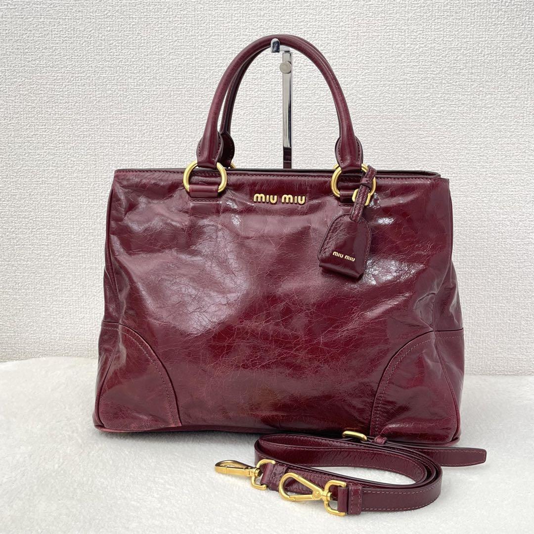 miu miu VITELLO SHINE 2way Handbag Shoulder bag Leather Red miu miu VITELLO SHINE 2way Handbag Shoulder bag Leather Red
