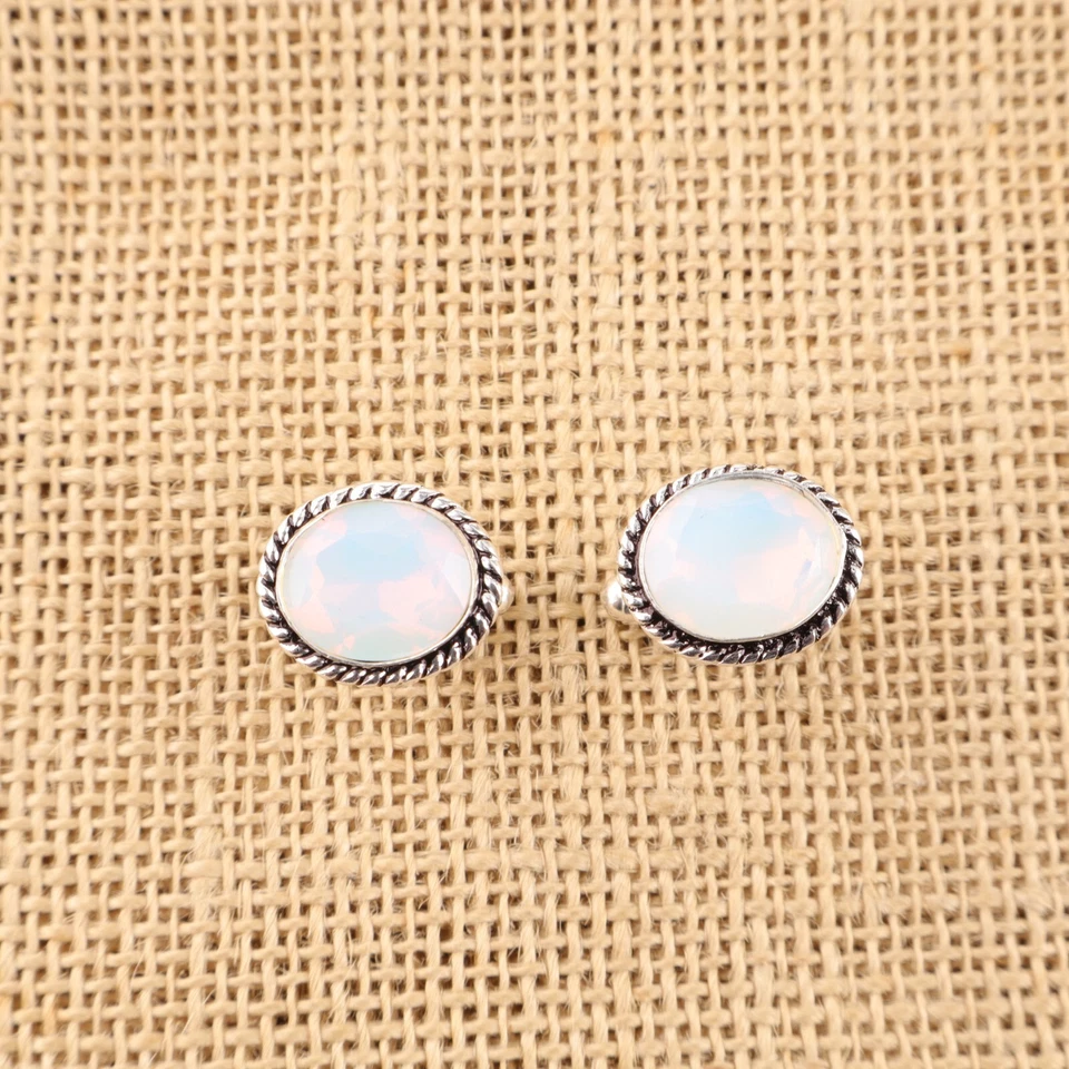 Gemelos blancos de plata de ley 925 con piedras preciosas de ópalo lechoso natural joyería para hombre HA Foto 2 de 4