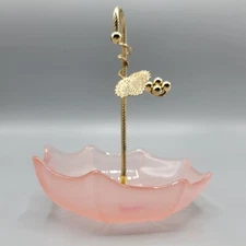 Vtg Pink Glass Umbrella Trinket Dish With Gold Leaf Accent By Pamela Tokyo Japan