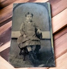 Civil War Era Little Girl Tufted Layered Dress  Boots 1800s TinType Photo