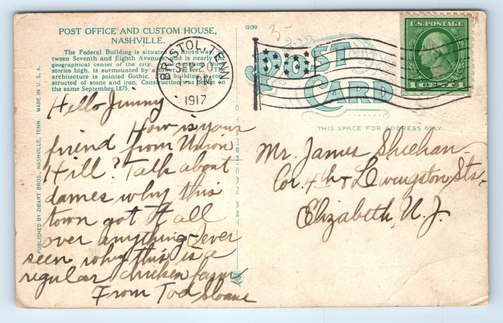 Nashville Tennessee Post Office and Custom House Postcard Posted 1917