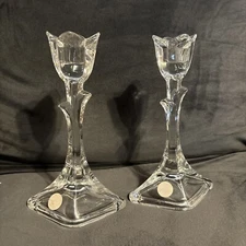 2 Toscany 24% Lead Crystal Clear taper  Flower Tulip Shaped  8” Candlesticks