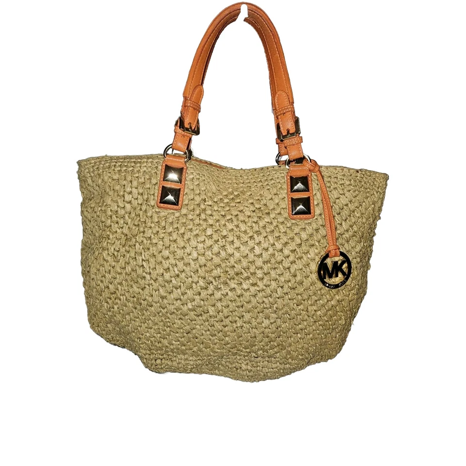 MICHAEL Michael Kors Santori Beige/Orange Raffia and Leather Basket Tote 18x12x5 - Image 3 of 4