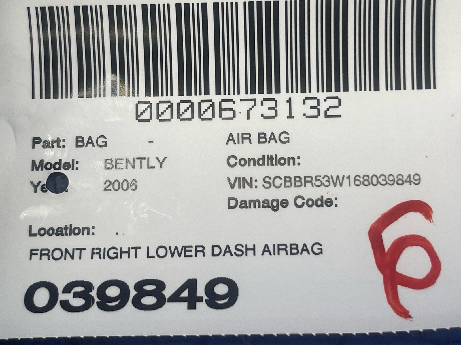 2006-2012 BENTLEY CONTINENTAL FRONT RIGHT LOWER DASH AIRBAG SRS ASSY 3W0880204