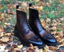 Handmade Mens Brown handmade burnish cap toe boots, Men lace up ankle boot