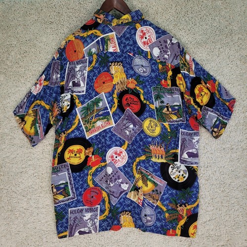 Reyn Spooner Hawaiian Shirt Mens Size Large Rayon Vacation Destination Postcards - Picture 3 of 9