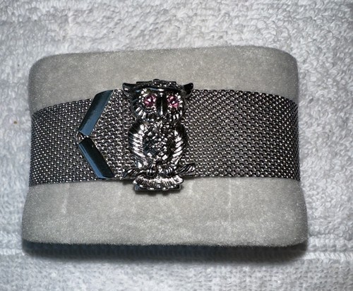 Vintage SarahCoventry Purple Rhinestone Eyed Owl Silver Tone Mesh Bracelet, 1970 - Picture 1 of 4