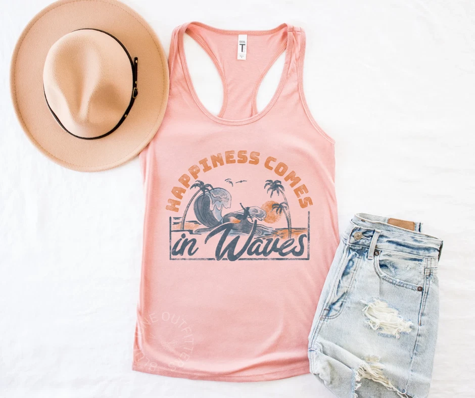 HAPPINESS COMES IN WAVE | CAMISETA SIN MANGAS RETRO PLAYA ESPALDA DEPORTIVA PARA MUJER | TROPICAL Foto 2 de 4