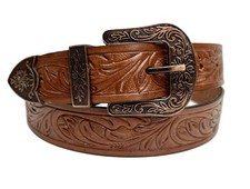 Handmade Tooled Leather Western Belt: Floral carved Handpainted Cowhide, 1.5"