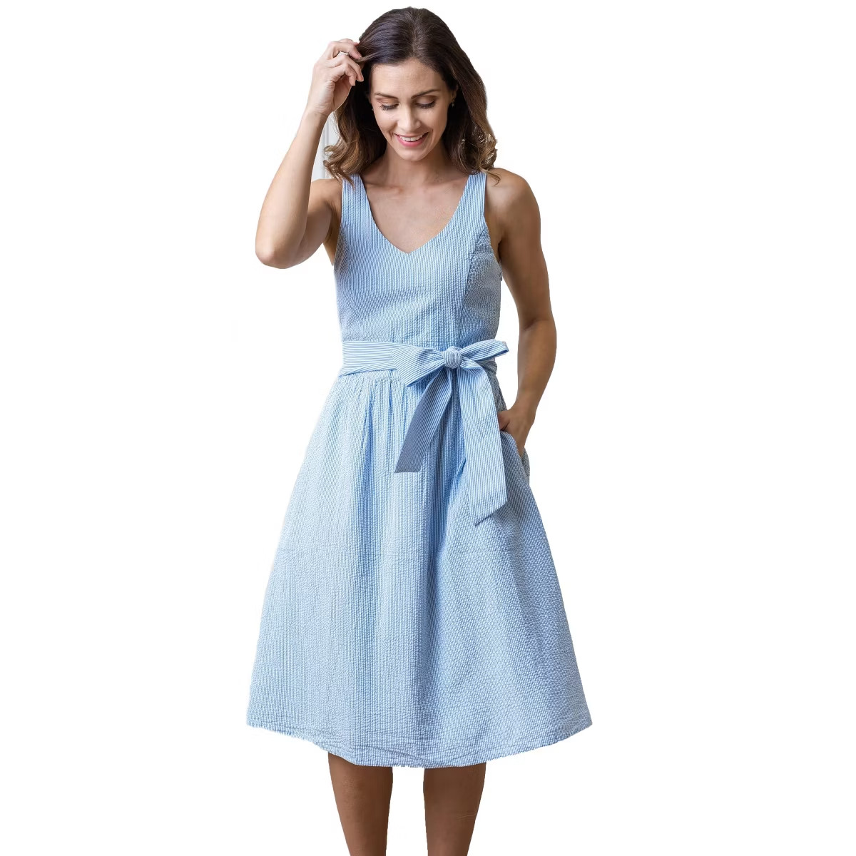 Hope & Henry Womens' seersucker A-Line Dress w/ Waist Sash Kakhi Size 2 BD