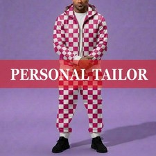 Men's Genuine Soft COWHIDE Leather Hoodie TrackSuit Sweatsuit [PINK/WHITE]