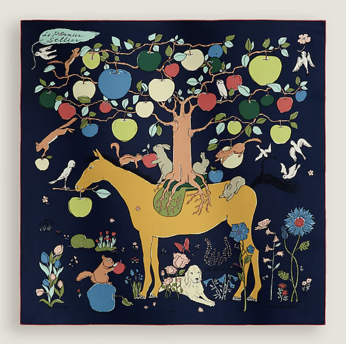 Hermes Scarf Le Pommier Sellier Stole Navy Blue Silk Bandana Auth