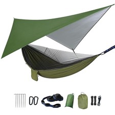 Camping Hammock with Rain Fly Tarp Mosquito Net Heavy Duty Tree Straps Portab...