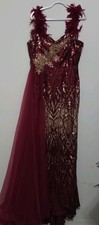 Burgundy Gold Sequin Feather Trim Dress 1920s Lace-up Front Mesh Costume