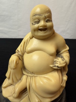 Vintage Laughing Buddah With Fish, Older  Carved Resin