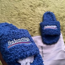 Balenciaga Fur Logo Slides Blue Unisex Size 39 Made In Italy