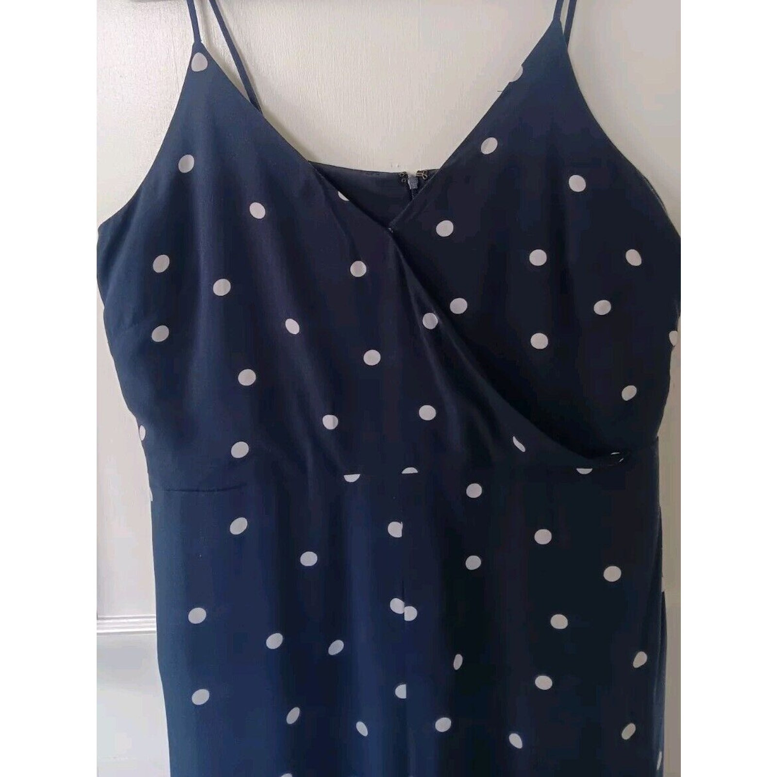 Womens 14 Navy Blue White Polka Dot Romper Jumpsuit Spaghetti Strap Sleeveless