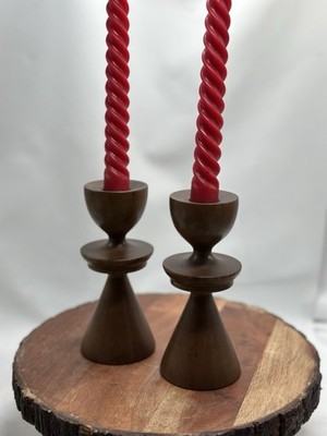 Vintage MCM Teak Danish Design Rosario Wood Turning Lot Of 2 Small Candleholders