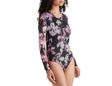 Steve Madden Women's Azure Printed-Mesh Crewneck Bodysuit - Black Multi Size XS