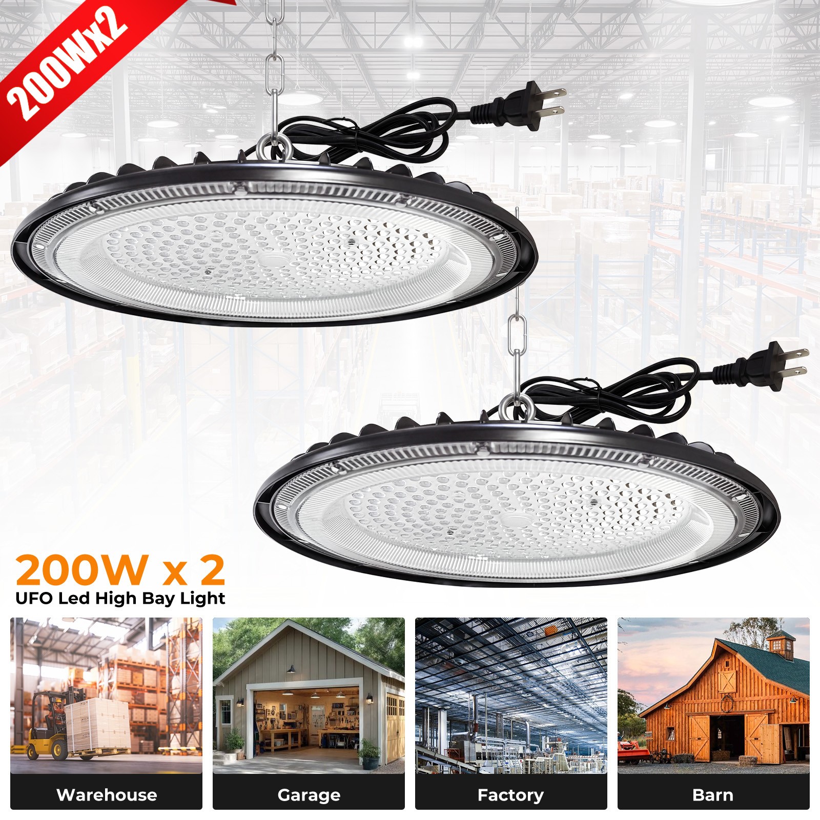 2 Pack UFO Led High Bay Light 200W Commercial Industrial Factory Warehouse Light