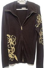 Cache Womens Jacket Small Vintage Floral Knit Zipper Front Brown Gold Metallic