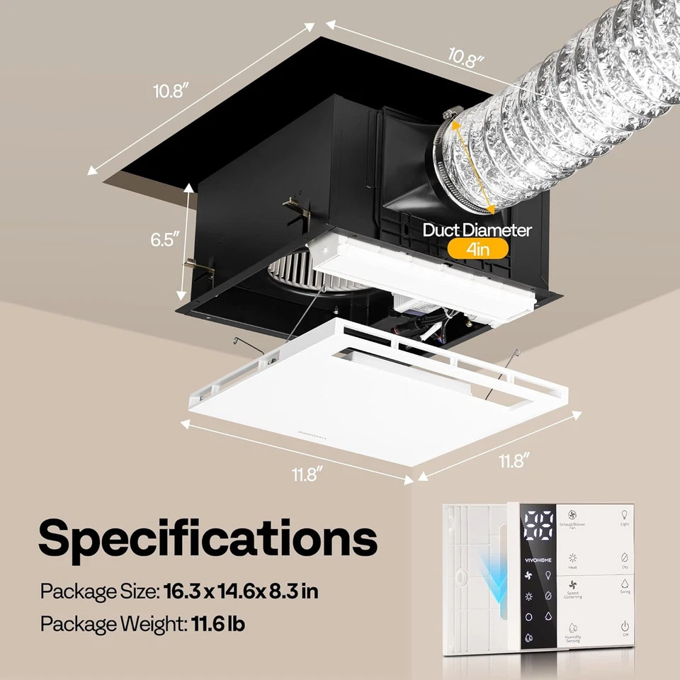 Ventilador de escape de baño 160 CFM con luz LED, 1800W calentador PTC y sensor de humedad Foto 2 de 4