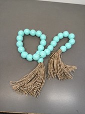 Wooden Turquoise Bead Garland with Tassels, Decorative Beads, Farmhouse Bt8