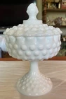 Vintage Fenton Hobnail Milk Glass Covered Candy Dish Pedestal Lidded Bowl - EUC