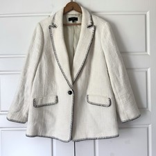 Talbots Tweed Blazer 14W Cream Black Whipstitch Jacket Classic Office Cotton