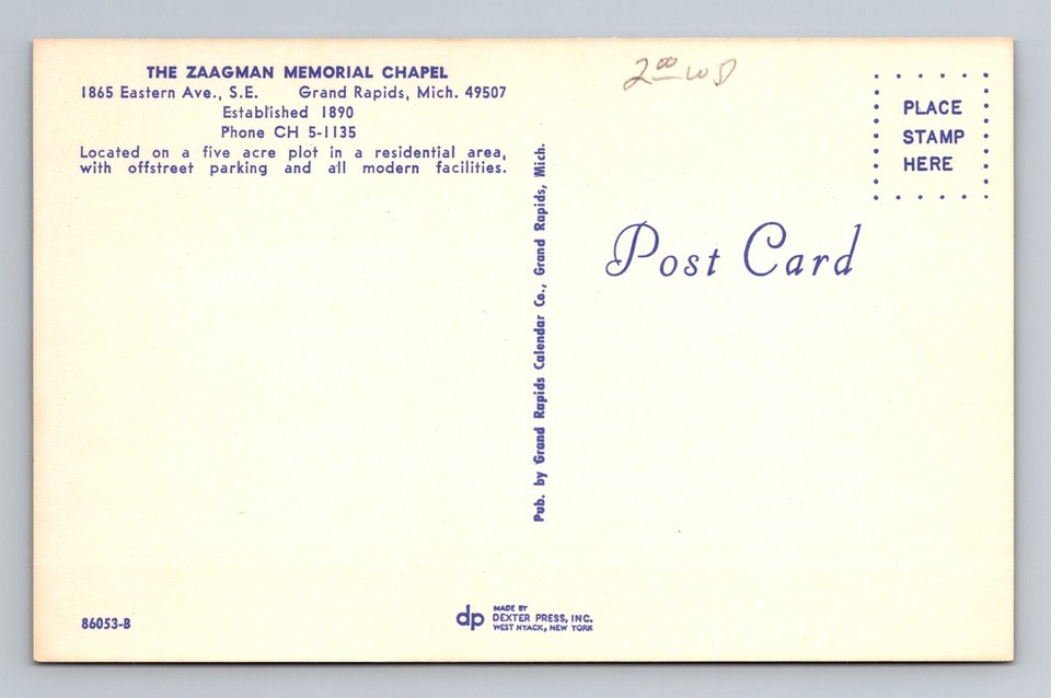 Grand Rapids MI-Michigan The Zaagman Memorial Chapel Vintage Postcard