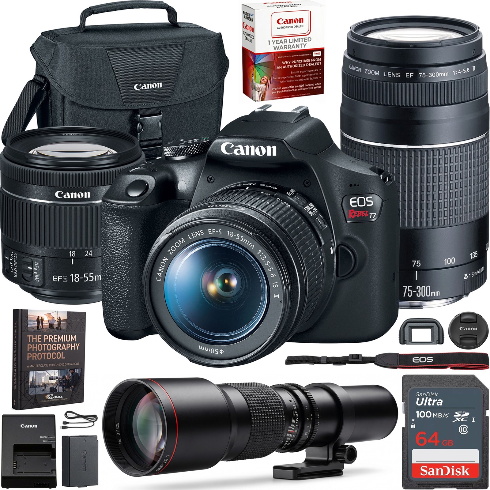 Canon EOS Rebel T7 DSLR Camera w/ 18-55mm IS II + 75-300mm III Dual Lens Pro Kit
