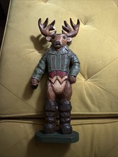 Folk Art Handcrafted Anthromorphic Carved Deer In Sweater Signed Malloy & Sandar