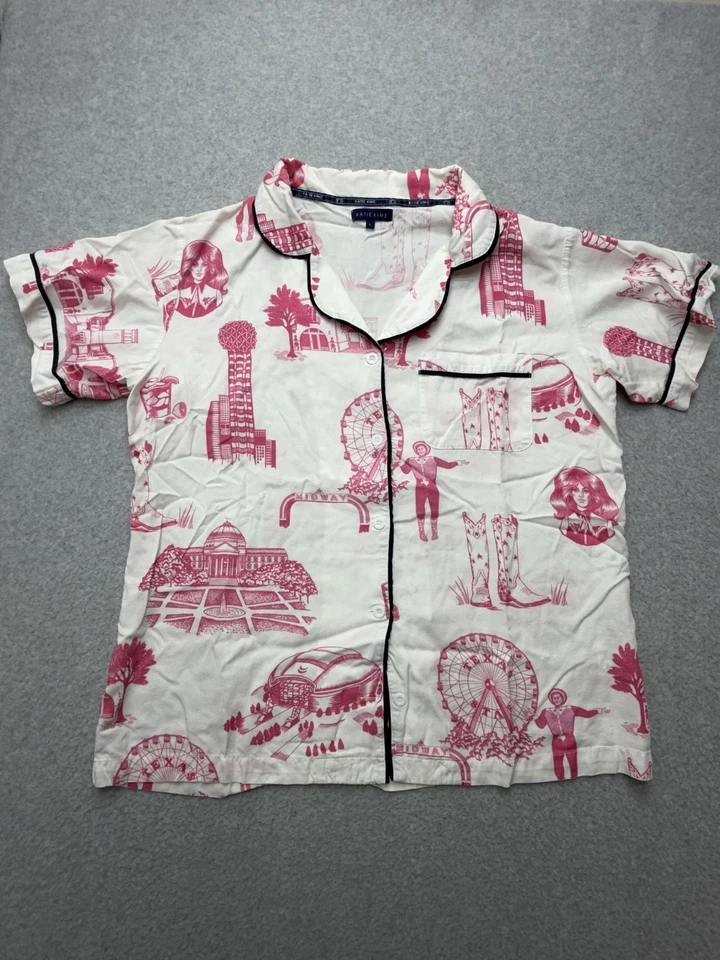 Katie Kime Pajama Set Womens Large White Pink Texas Toile Cotton Short Sleeve - Image 2 of 4