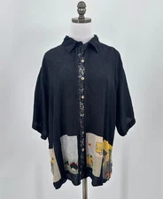 Citron Santa Monica Black Silk Textured Asian Print Button Tunic Top Sz M