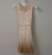 Emily West Girls Pink/Peach Lace Special Occasion Dress With Rhinestone Bow