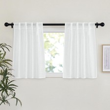 White Linen Sheer Kitchen Window Curtains Over Sink, Rod Pockets  Back Tab S...