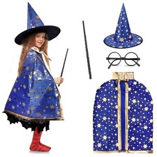 LNCOJOLM Witch Costumes Hat Wizard Cloak Cape Wand for Kids Boy Medium, Blue