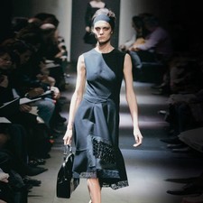 F/W 2005 Prada RUNWAY Embellished Hem Panel W/ Lace Trim Wool Dress