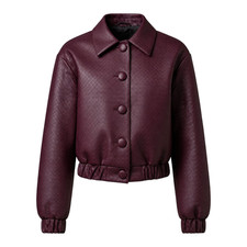 Women's Burgundy Quilted Leather Bomber Jacket Cropped Button Front Coat
