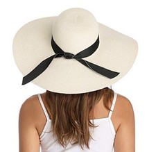 Womens Wide Brim Straw Hat Big Floppy Foldable One Size Bowknot-ivory White