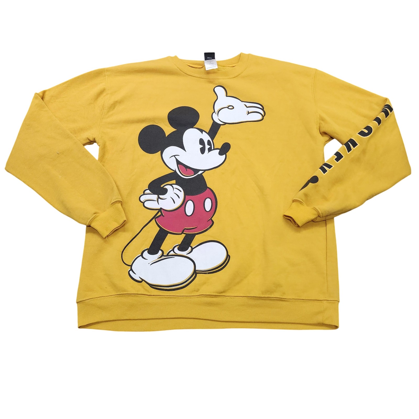 Disney Sweatshirt Mens Small Yellow Mickey Mouse Graphic Fleece Pullover Top