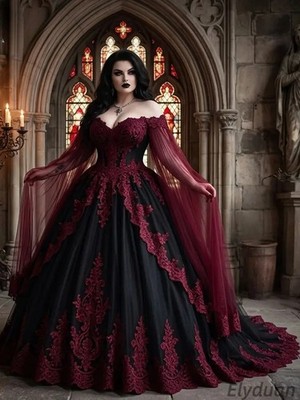 Black And Burgundy Wedding Dress With Flowying Sleeves Off-Shoulder Bride Gowns