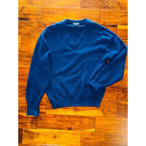 Lands' End, Lands' End Vintage V-Neck Sweater Mens M Blue 100% Lambswool Made in Scotland